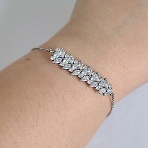 Sterling Silver Marquis Crystal Flower Leaf Bridal Formal Adjustable Bracelet